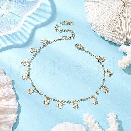 Summer Beach 304 Stainless Steel Shell Shaped Charm Anklets for Women AJEW-AN00658-1