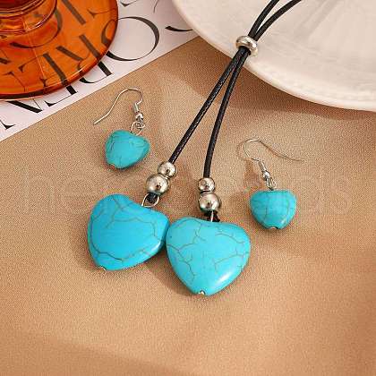 Alloy & Synthetic Turquoise & Imitation Leather Cord Pendant Necklaces & Dangle Earrings Sets FS-WG3CE4D-01-1