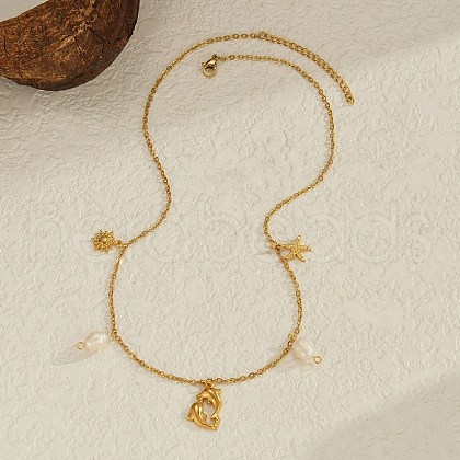 Summer Beach 304 Stainless Steel & ABS Imitation Pearl Pendant Necklaces NJEW-P314-01G-1