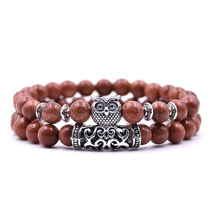 Synthetic Goldstone Stretch Bracelets Set with Alloy Owl Beaded ANIM-PW0003-027K-1