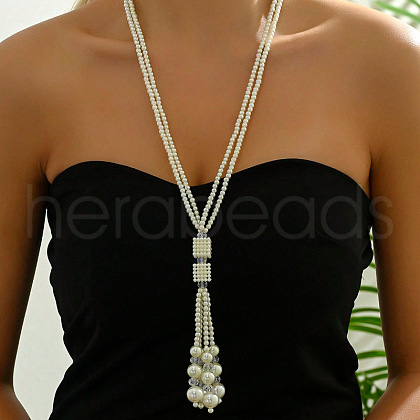 Plastic Pearl Beaded Tassel Y Necklaces for Women FS-WG09D66-03-1