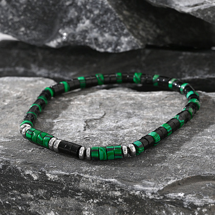 Column Natural Malachite & Black Stone Beaded Stretch Bracelets For Men Women FV0822-3-1