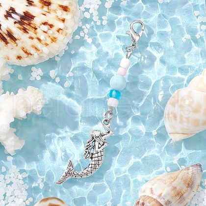 Ocean Theme Alloy Charm & Glass Beads Pendant Decorations HJEW-JM03157-05-1