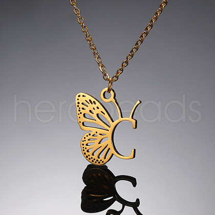 304 Stainless Steel Butterfly Initial Pendant Necklaces WG80197-03-1