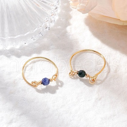 2Pcs Eco-Friendly Copper Wire & Natural Agate & Sodalite Finger Rings RJEW-JR00885-1