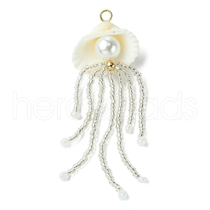 Natural Clam Shell & Glass Pearl & Glass Seed Beaded Big Pendants PALLOY-MZ00298-01-1
