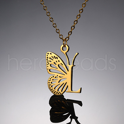 304 Stainless Steel Butterfly Initial Pendant Necklaces WG80197-12-1
