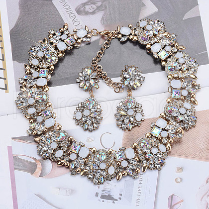 Flower Alloy Rhinestone Chain Necklaces & Stud Dangle Earrings Sets FS-WG8AADA-02-1