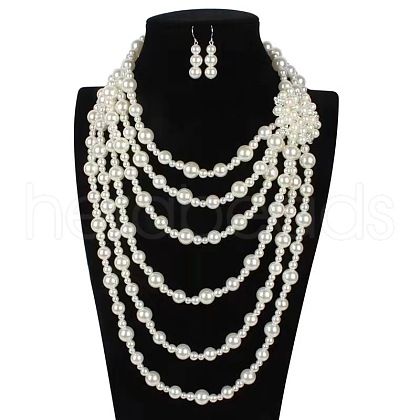 Flower Plastic Pearl Round Beaded Multilayer Necklaces & Dangle Earrings Sets FS-WG7C7AA-07-1