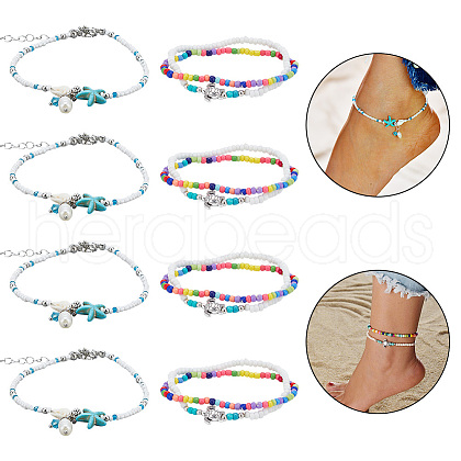 ARRICRAFT 12Pcs 3 Styles Alloy Tortoise & & Resin Shell & Starfish Beaded Anklets Set AJEW-AR0001-66-1