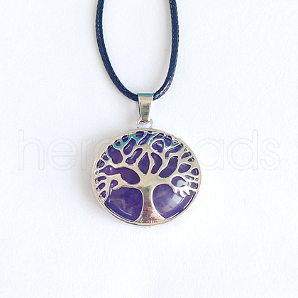 Alloy Pave Natural Amethyst Tree of Life Pendant Necklaces KW6501-3-1