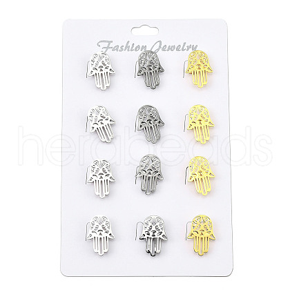 12Pcs 3 Colors Hamsa Hand 201 Stainless Steel Brooches for Backpack Clothes JEWB-A033-14-1