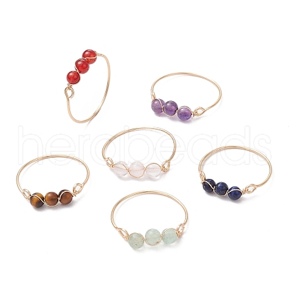 Round Natural Rose Quartz & Tiger Eye & Lapis Lazuli & Green Aventurine & Amethyst & Carnelian Finger Rings RJEW-JR00850-02-1
