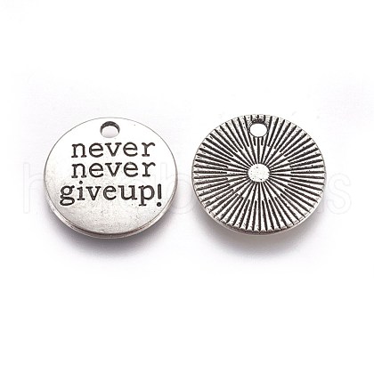 Tibetan Style Alloy Flat Round Carved Word Never Give Up Pendants X-TIBEP-12585-AS-RS-1