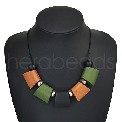 Bohemian Trapezoid Wood & CCB Plastic & Alloy Beaded Bib Necklaces for Women FS-WG0359B-01-1