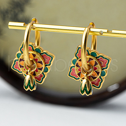 Flat Round with Flower Ethnic Style Brass Enamel Hoop Earrings FS-WG90927-02-1