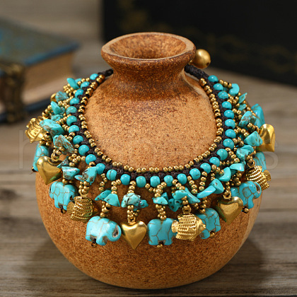 Bohemian Dyed Synthetic Turquoise Elephant & Brass Fish Heart Beaded Tassel Anklets for Women FS-WG11539-04-1