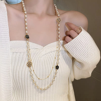 Wrap Style Alloy Black Enamel Flower & Plastic Imitation Pearl Round Beads Link Chain Long Necklaces for Women FS-WGD2267-09-1