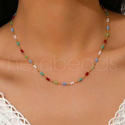 Geometric Brass Glass Column Link Chain Necklaces for Women Casual Vacation Jewelry BU2743-1