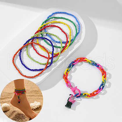 Bohemian Resin & Glass Seed Beaded Stretch Multi-Layered Anklet Sets WG187EB-15-1