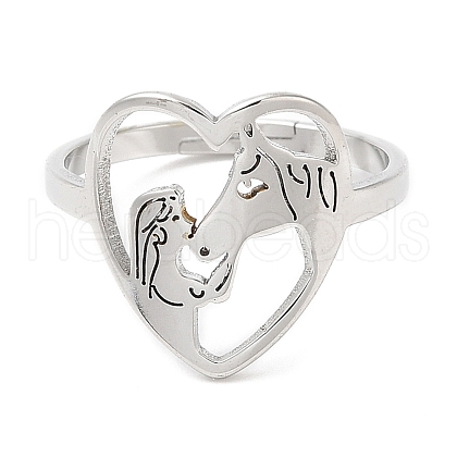 Non-Tarnish 304 Stainless Steel Heart with Horse Adjustable Ring for Women RJEW-M149-20P-1