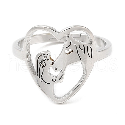 304 Stainless Steel Heart with Horse Adjustable Ring for Women RJEW-M149-20P-1