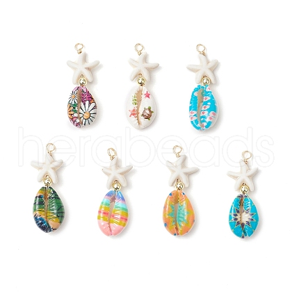 Starfish Synthetic Turquoise Beads & Printed Cowrie Shell Copper Wire Wrapped Pendants PALLOY-JF03953-01-1