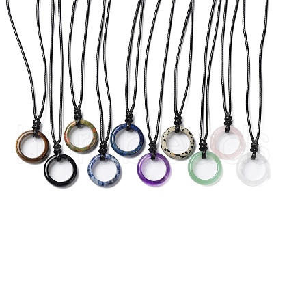 Natural Mixed Stone Ring Pendant Necklace with Waxed Cords NJEW-R262-01B-1