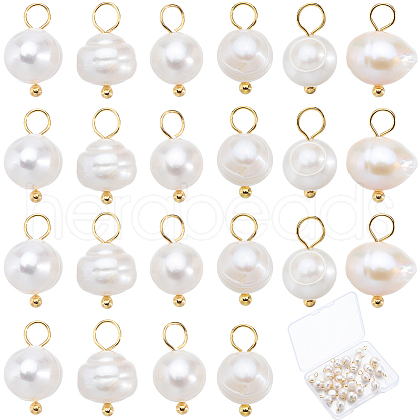 Natural Cultured Freshwater Pearl Potato Charms with Golden Plated 304 Stainless Steel Loops PALLOY-SC00004-1