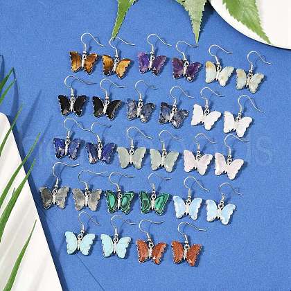 Natural Mixed Stone Brass Dangle Earrings EJEW-M081-01P-1