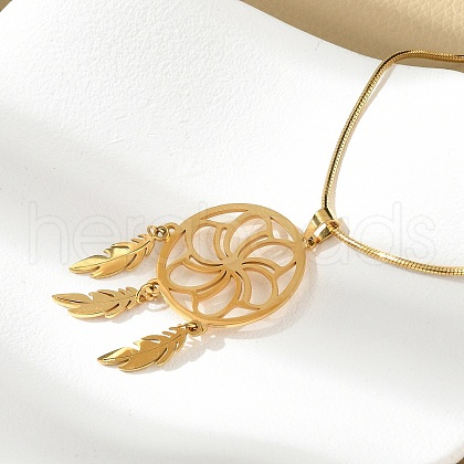 Bohemian 304 Stainless Steel Flower Woven Web/Net with Feather Pendant Necklaces NJEW-P327-07G-B-1
