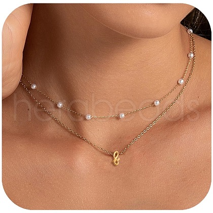 2Pcs 304 Stainless Steel & White Plastic Imitation Pearl Letter Pendant Double Layer Necklaces FS-WG86091-06-1