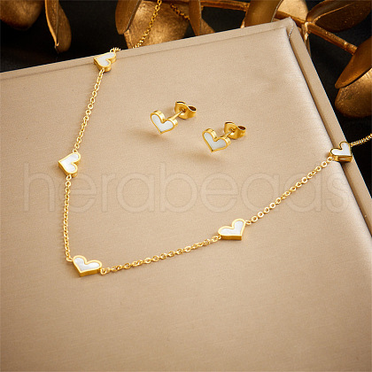 Heart Stainless Steel & Natural Shell Necklaces & Stud Earrings Sets FS-WGB84F7-02-1