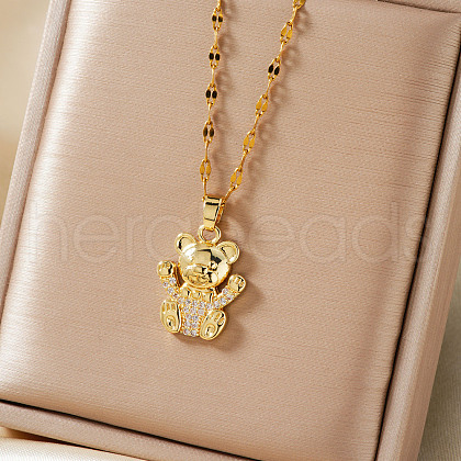 Brass Clear Cubic Zirconia Cute Romantic Cartoon Bear Pendant Necklaces for Holidays QG0958-1