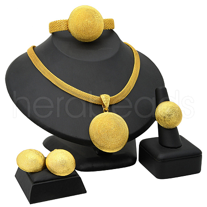 Flat Round Alloy Pendant Necklaces & Stud Earrings & Rings & Bangles Sets FS-WG5D99A-01-1