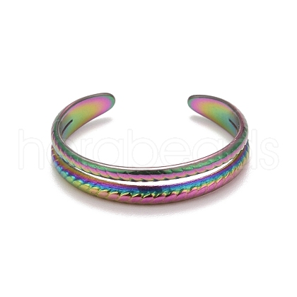 Rainbow Color Ion Plating(IP) 304 Stainless Steel Double Line Open Cuff Ring for Women RJEW-A005-41MC-1