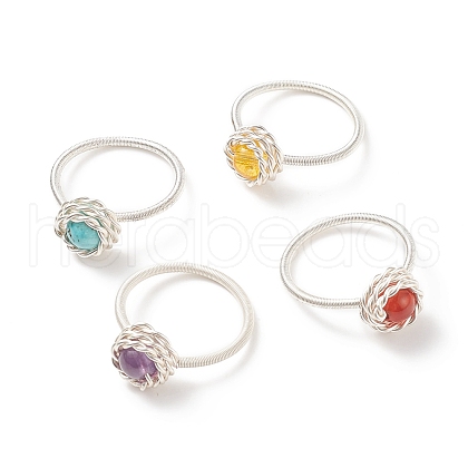 4Pcs 4 Style Natural & Synthetic Mixed Gemstone Round Finger Rings Set RJEW-TA00057-1