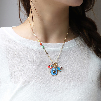 Hamsa Hand & Evil Eye & Pepper Alloy Enamel & Plastic Pearl Pendant Necklaces for Women FS-WG9A1DD-03-1