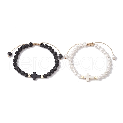 2Pcs 2 Styles 6mm Round Natural Lava Rock & Shell Pearl Braided Bead Bracelets BJEW-JB10322-1