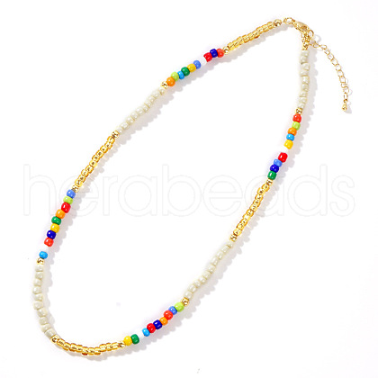 Rainbow Fashion Glass Pearl Bead Necklace Handmade Mixed Color Rice Beads Women. AP1296-3-1