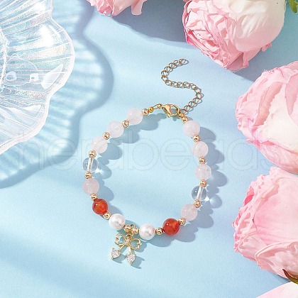 Natural Striped Agate & Quartz Crystal & Shell Pearl Round Beads Stretch Bracelets BJEW-JB11916-01-1