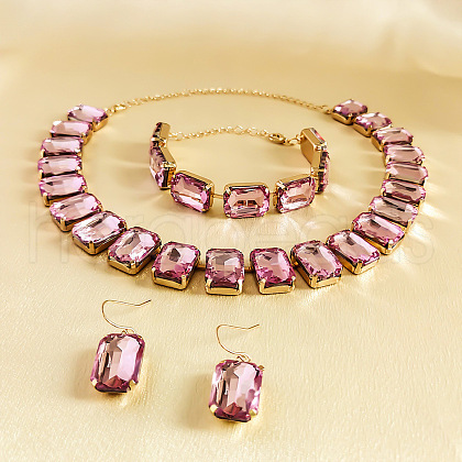 Alloy & Glass Rectangle Link Chain Necklaces & Bracelet & Dangle Earrings Sets FS-WGC2D75-03-1