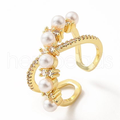 Cubic Zirconia Criss Cross Open Cuff Ring with Imitation Pearl RJEW-H101-18G-1