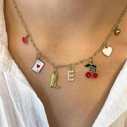 Boot Playing Card Red Cherry White Heart Initial Brass Enamel with Crystal Rhinestone Pendant Necklaces FS-WGDC4DD-21-1
