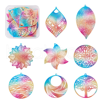 Biyun 32Pcs 8 Style 430 Stainless Steel Filigree Pendants STAS-BY0001-10-1