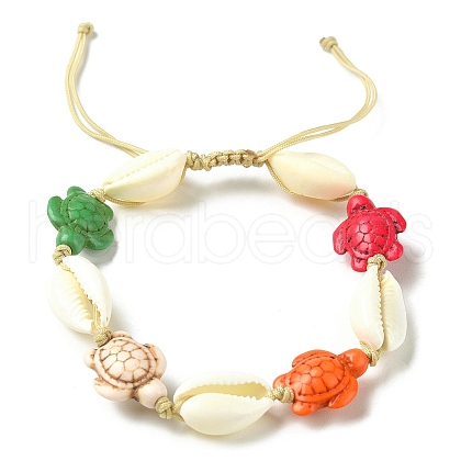 Synthetic Turquoise Tortoise & Natural Shell Braided Bead Bracelets BJEW-TA00367-1