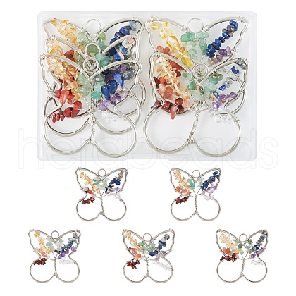 5Pcs 7 Chakra Gemstone Chips Alloy Pendants G-TA0001-40-1