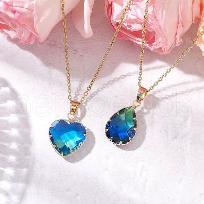 2Pcs 2 Styles Teardrop Heart K9 Glass Imitation Tourmaline Pendant Necklaces Sets NJEW-JN05188-02-1