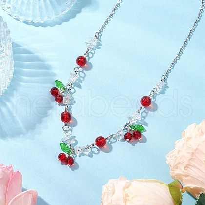 Crackle Glass & Natural Quartz Crystal Fruit Bib Necklaces for Women NJEW-JN05203-02-1