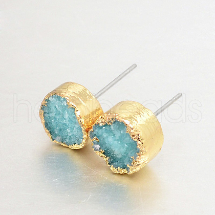 Flat Round Natural Druzy Agate Stud Earrings EJEW-L168-03D-1